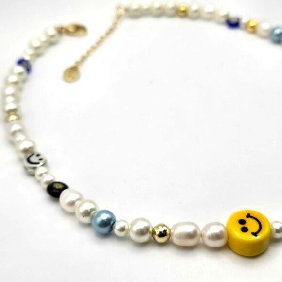 "Fun Flirt" Summertime Genuine Freshwater Pearl Smile Millefiori Beaded Necklace - Picture 3 of 5